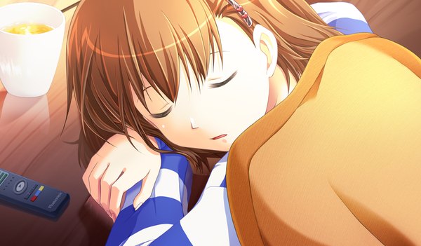Anime picture 1024x600 with akikaze personal (game) short hair brown hair wide image game cg eyes closed sleeping girl