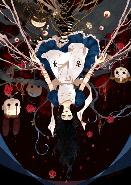 Anime picture 1414x2000 with american mcgee's alice (game) alice: madness returns alice (american mcgee's) dk (pixiv) long hair tall image black hair smile red eyes brown hair twintails yellow eyes lips bunny ears black background short twintails striped upside down eyes no eyes