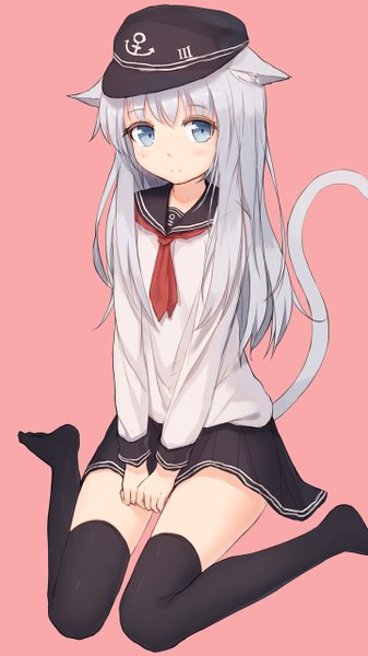 Anime picture 720x1280 with kantai collection hibiki destroyer shone single long hair tall image blush fringe simple background sitting animal ears payot looking away silver hair bent knee (knees) tail long sleeves animal tail pleated skirt cat ears