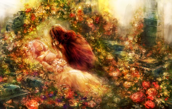 Anime picture 1200x767 with original 317/miiina (pixiv) long hair pink hair lying eyes closed kiss girl dress boy flower (flowers) cloak