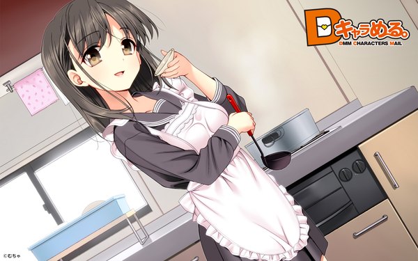 Anime picture 1920x1200 with d chara mail mucha single long hair highres open mouth black hair wide image brown eyes cooking girl serafuku apron