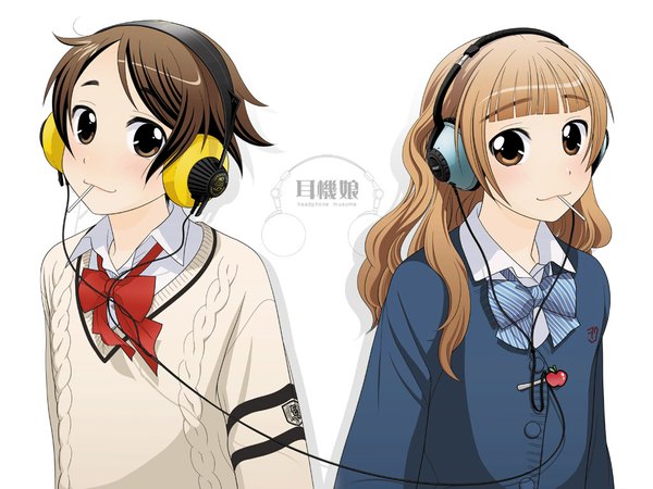 Anime picture 1024x768 with original headphone + musume ootsuka mahiro wallpaper uniform school uniform serafuku headphones sweater cardigan lollipop