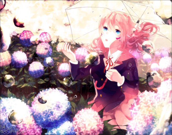 Anime picture 1300x1024 with original hzrn (ymj924) single long hair fringe open mouth blue eyes holding pink hair looking up transparent umbrella girl flower (flowers) ribbon (ribbons) plant (plants) umbrella water drop hydrangea