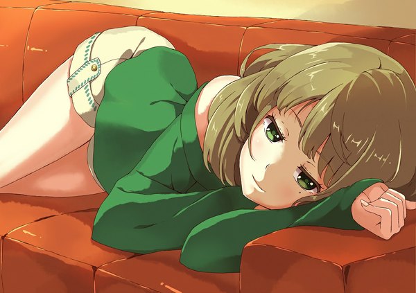 Anime picture 1053x744 with idolmaster idolmaster cinderella girls takagaki kaede ponishi. single looking at viewer blush short hair brown hair green eyes lying on side girl shorts sweater couch
