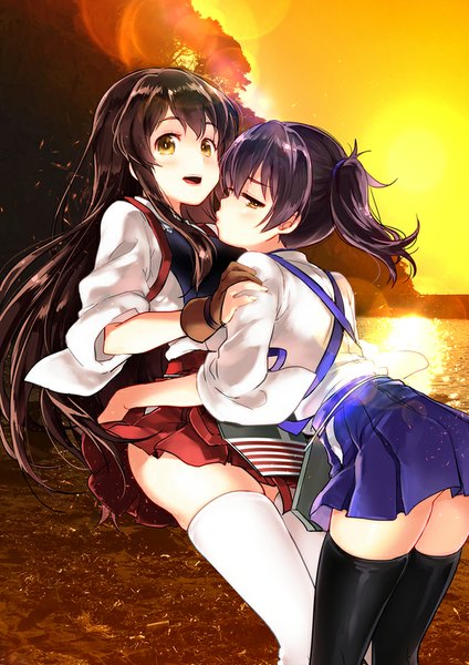 Anime picture 700x990 with kantai collection kaga aircraft carrier akagi aircraft carrier kl long hair tall image looking at viewer blush light erotic multiple girls brown eyes ass ponytail traditional clothes japanese clothes zettai ryouiki side ponytail evening sunset shoujo ai