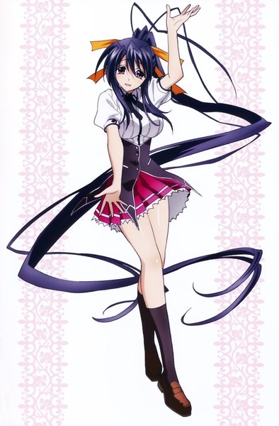 Anime picture 4591x6985 with highschool dxd himejima akeno mishima hiroji single tall image blush highres open mouth white background purple eyes absurdres purple hair ponytail very long hair scan official art girl uniform ribbon (ribbons) hair ribbon