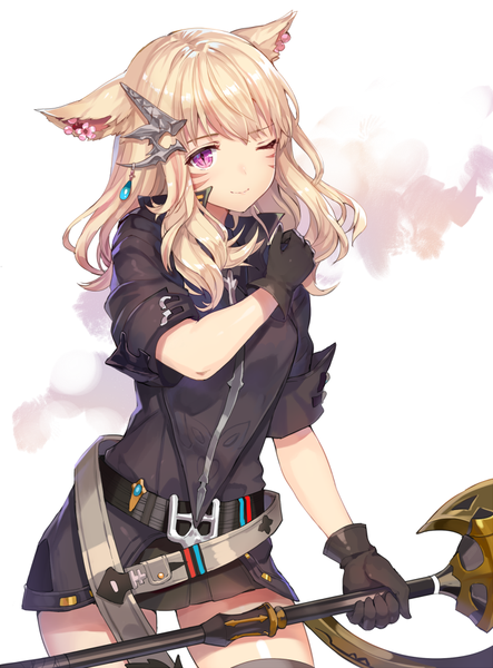 Anime picture 700x947 with final fantasy final fantasy xiv square enix miqo'te momoko (momopoco) single long hair tall image fringe blonde hair simple background smile white background purple eyes holding animal ears one eye closed wink cat ears cat girl