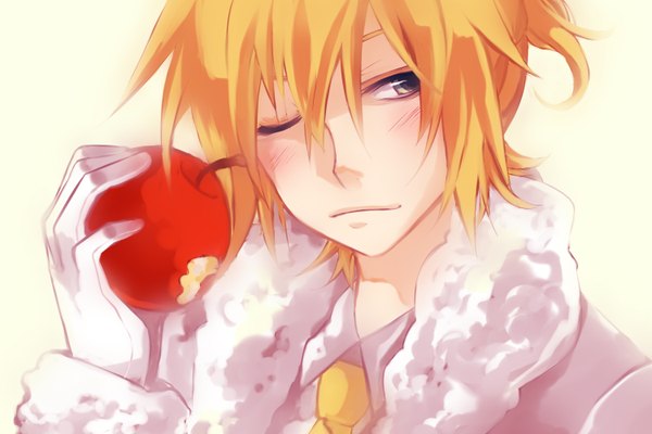 Anime picture 1500x1000 with vocaloid kagamine len mukkun blonde hair white background one eye closed wink boy fruit apple