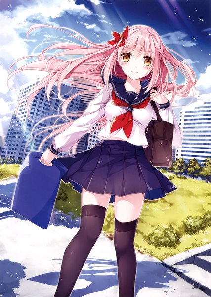 Anime picture 2489x3500 with original mochizuki shiina single long hair tall image looking at viewer highres brown eyes pink hair sky cloud (clouds) scan official art zettai ryouiki girl thighhighs skirt uniform bow black thighhighs
