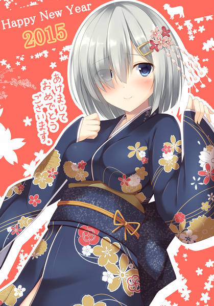Anime picture 1429x2046 with kantai collection hamakaze destroyer tomoo (tomo) single tall image blush fringe short hair blue eyes smile silver hair traditional clothes japanese clothes hair flower hair over one eye inscription hieroglyph new year happy new year akeome
