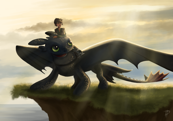 Anime picture 1920x1344 with how to train your dragon dreamworks toothless hiccup horrendous haddock iii rom-art highres short hair open mouth smile brown hair signed animal ears yellow eyes looking away sky cloud (clouds) tail animal tail sunlight black wings