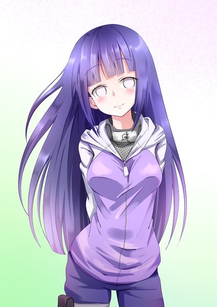Anime picture 596x843 with naruto studio pierrot naruto (series) hyuuga hinata pengin maru single long hair tall image looking at viewer blush fringe breasts simple background smile purple hair hands behind back white eyes no pupils girl