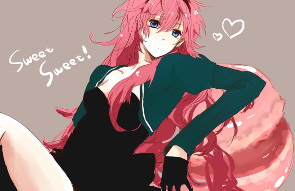 Anime picture 2469x1605 with vocaloid megurine luka hatsuko single long hair highres blue eyes simple background sitting pink hair cleavage sleeveless casual girl dress gloves heart sweater