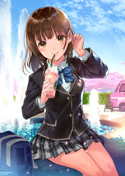 Anime picture 800x1129 with original hanekoto single long hair tall image looking at viewer blush fringe smile brown hair sitting holding signed yellow eyes sky cloud (clouds) blunt bangs pleated skirt sunlight shadow