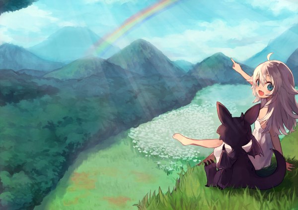 Anime picture 1200x848 with original shugao long hair looking at viewer fringe open mouth hair between eyes sitting bare shoulders payot sky cloud (clouds) ahoge tail :d aqua eyes pointy ears from behind sunlight arm support