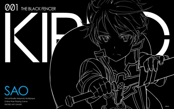 Anime picture 1280x800 with sword art online a-1 pictures kirigaya kazuto single looking at viewer short hair wide image inscription monochrome weapon sword