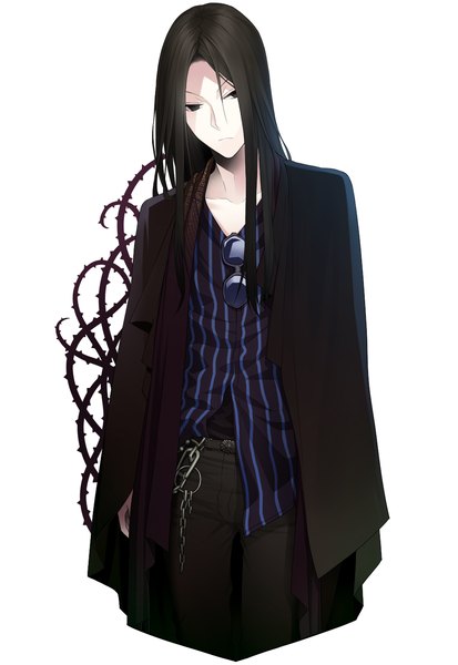 Anime picture 1000x1450 with hunter x hunter illumi zoldyck chimachi single long hair tall image looking at viewer black hair simple background white background black eyes striped sunglasses removed boy shirt chain sunglasses striped shirt