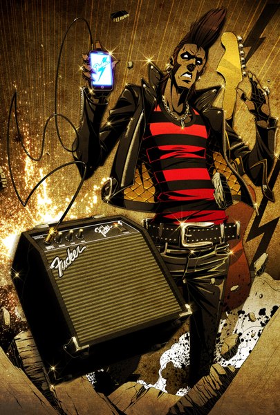 Anime picture 1024x1514 with original goddoteiru (artist) speaker fucer single tall image brown hair dark skin striped destruction sidewhiskers boy jacket belt pants jewelry musical instrument wire (wires) guitar iphone