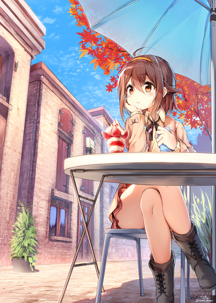 Anime picture 1488x2088 with kantai collection shiratsuyu destroyer nyum single tall image looking at viewer blush fringe hair between eyes brown hair sitting holding brown eyes signed sky cloud (clouds) ahoge outdoors arm support alternate costume