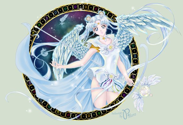 Anime picture 3086x2115 with bishoujo senshi sailor moon toei animation sailor cosmos pillara single long hair looking at viewer highres blue eyes simple background twintails absurdres silver hair white hair very long hair pleated skirt light smile hair bun (hair buns) angel wings framed