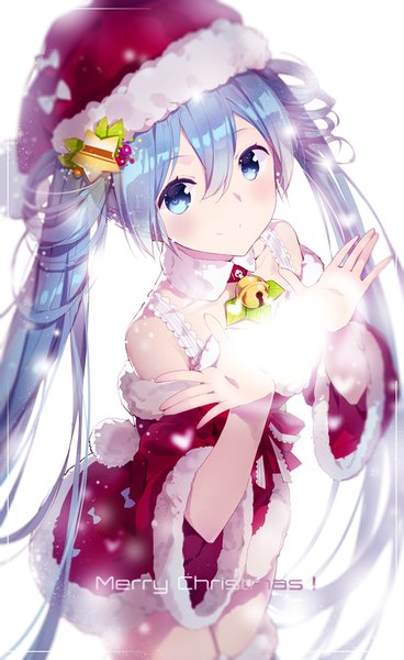 Anime picture 613x1000 with vocaloid hatsune miku lf single tall image looking at viewer blush fringe blue eyes simple background smile hair between eyes white background twintails payot blue hair very long hair blurry wide sleeves depth of field