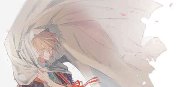 Anime picture 1100x533 with touken ranbu nitroplus yamanbagiri kunihiro maru0one single fringe short hair blonde hair hair between eyes wide image white background upper body aqua eyes wind boy petals hood cape