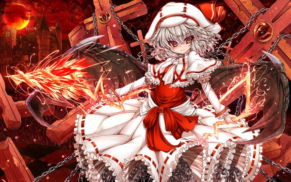 Anime picture 1920x1200 with touhou remilia scarlet kantarou (nurumayutei) single looking at viewer highres short hair red eyes wide image silver hair red moon girl dress weapon wings frills chain cross spear the gungnir