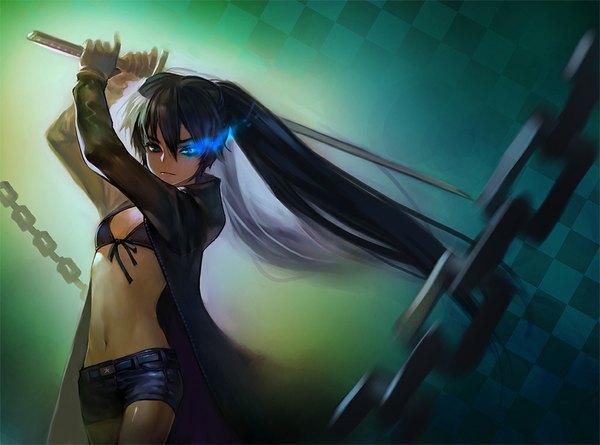 Anime picture 1024x760 with black rock shooter black rock shooter (character) elna (pixiv) single blue eyes black hair twintails very long hair glowing glowing eye (eyes) checkered girl sword shorts katana chain cloak bikini top