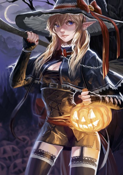 Anime picture 2480x3508 with original modare long hair tall image fringe highres blue eyes blonde hair hair between eyes nail polish pointy ears night halloween lacing witch crescent girl thighhighs gloves ribbon (ribbons)