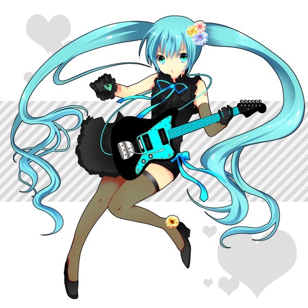 Anime picture 1536x1536 with vocaloid hatsune miku twintails bare shoulders very long hair hair flower aqua eyes aqua hair girl thighhighs dress gloves hair ornament black thighhighs black dress guitar