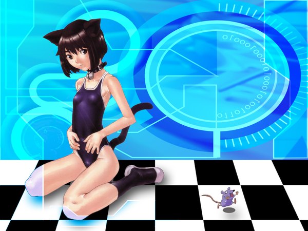Anime picture 1600x1200 with light erotic animal ears cat ears cat tail bell collar swimsuit choker boots bell one-piece swimsuit school swimsuit mouse