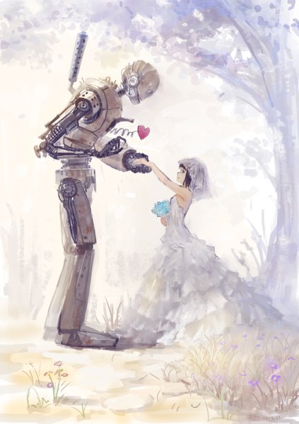 Anime picture 1748x2480 with original tuzki tall image highres short hair open mouth black hair smile bare shoulders brown eyes looking away holding hands mechanical wedding girl dress flower (flowers) plant (plants) tree (trees) heart