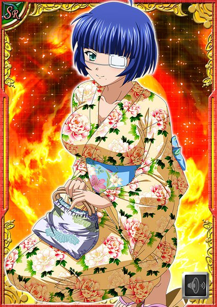 Anime picture 567x800 with ikkitousen ryomou shimei single tall image looking at viewer fringe short hair breasts large breasts green eyes blue hair traditional clothes japanese clothes mole floral print squat card (medium) mole under mouth girl kimono