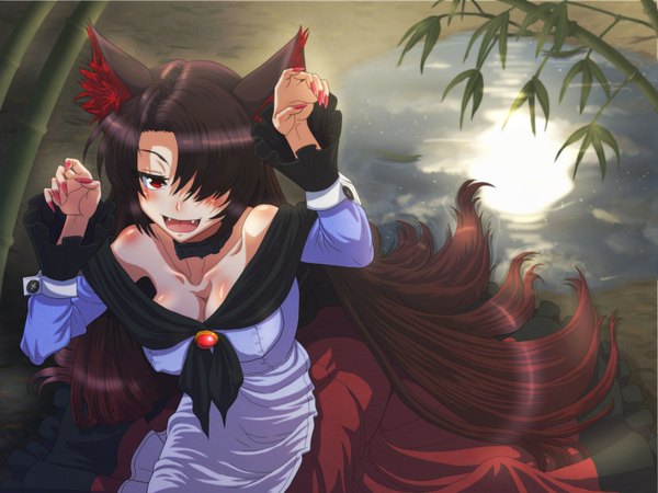 Anime picture 1600x1200 with touhou imaizumi kagerou kezune (i- -i) single blush fringe open mouth black hair red eyes animal ears very long hair hair over one eye teeth fang (fangs) girl dress plant (plants) bamboo