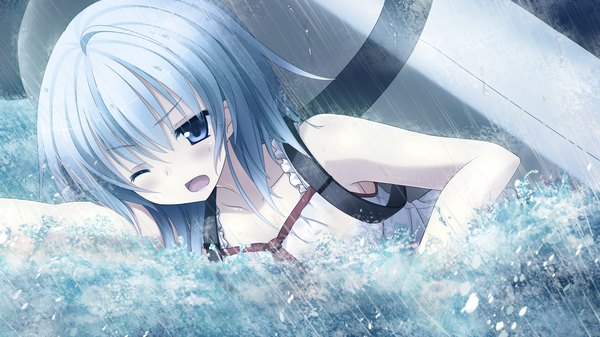 Anime picture 1920x1080 with imouto no katachi meta highres short hair open mouth blue eyes wide image game cg white hair one eye closed wink rain girl