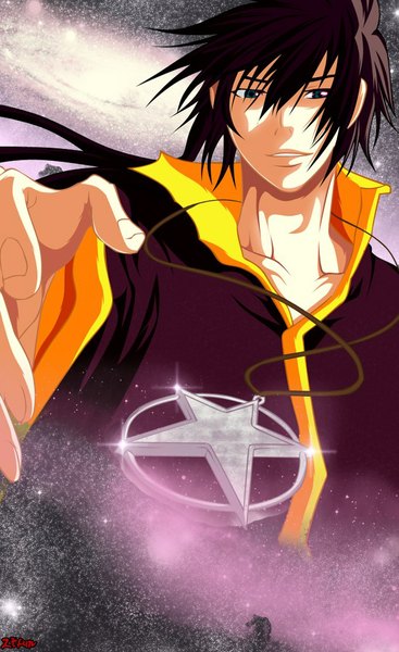 Anime picture 627x1024 with saint seiya saint seiya: the lost canvas toei animation alone hades single long hair tall image looking at viewer fringe black hair outstretched arm space boy mantle locket