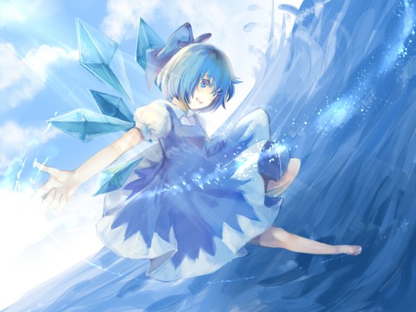 Anime picture 1600x1200 with touhou cirno rifsom single short hair blue eyes smile blue hair sky cloud (clouds) barefoot girl dress bow hair bow wings water