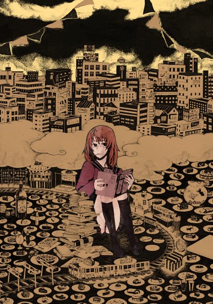 Anime picture 3527x5020 with tagme (artist) tall image highres sitting absurdres sky cloud (clouds) red hair city girl socks glasses food sweets book (books) black socks building (buildings) bottle cake glass