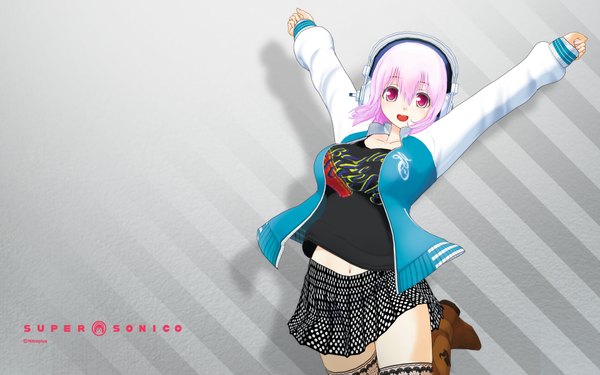 Anime picture 1920x1200 with nitroplus super sonico tsuji santa single highres short hair simple background wide image pink hair pink eyes grey background arms up girl skirt miniskirt jacket headphones