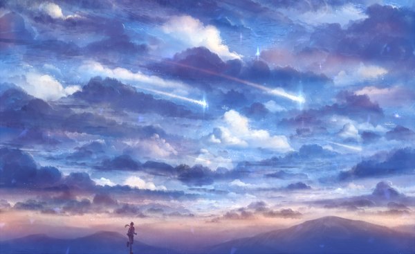Anime picture 1560x955 with original bounin single long hair fringe brown hair wide image sky cloud (clouds) from behind back mountain fantasy running shooting star girl star (stars)