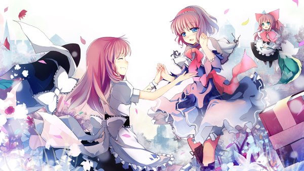 Anime picture 1245x700 with touhou kirisame marisa alice margatroid yukizakura (neon-neon) long hair blush short hair blue eyes blonde hair smile wide image multiple girls braid (braids) eyes closed witch girl flower (flowers) ribbon (ribbons) 2 girls hat