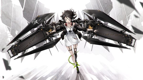 Anime picture 1920x1080 with original yucca-612 (neco) single looking at viewer highres short hair open mouth black hair wide image grey eyes headphones around neck girl thighhighs dress headphones short dress necklace single thighhigh shackles