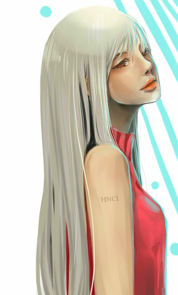 Anime picture 635x1048 with original hnci single long hair tall image fringe simple background blonde hair red eyes white background lips sleeveless striped girl