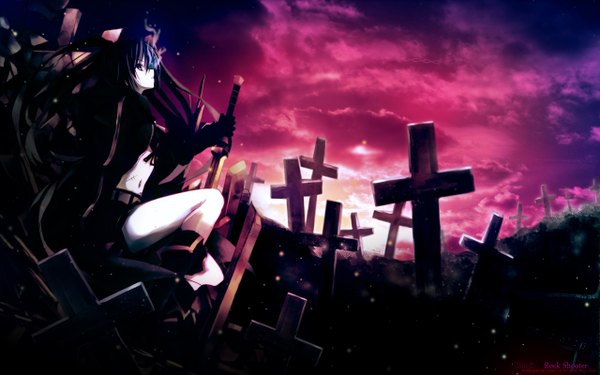 Anime picture 2560x1600 with black rock shooter black rock shooter (character) huke long hair highres blue eyes black hair wide image blue hair sky cloud (clouds) profile night sky glowing evening sunset looking up glowing eye (eyes) landscape scenic