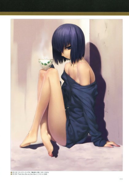 Anime picture 1051x1500 with mahou tsukai no yoru type-moon kuonji alice tall image looking at viewer short hair light erotic black hair bare shoulders signed black eyes scan bare legs no shoes legs steam girl cup