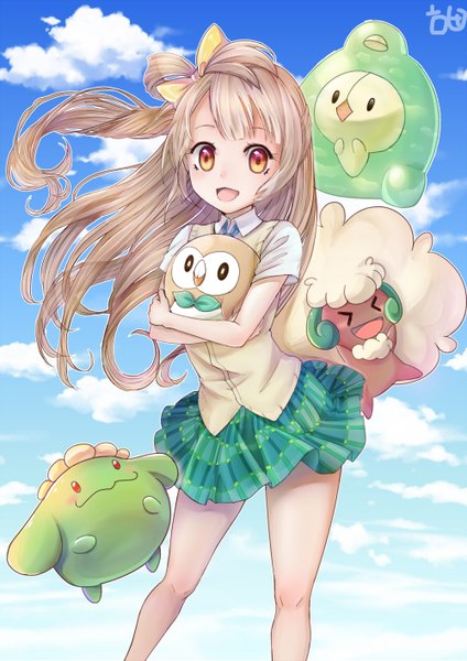 Anime picture 2000x2829 with love live! school idol project pokemon sunrise (studio) love live! nintendo minami kotori rowlet whimsicott skiploom duosion haetbit long hair tall image looking at viewer fringe highres open mouth brown hair holding yellow eyes