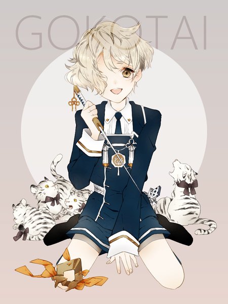 Anime picture 750x1000 with touken ranbu nitroplus gokotai gokotai's tigers honyami single tall image looking at viewer fringe short hair open mouth blonde hair sitting brown eyes full body hair over one eye grey background character names wariza asymmetrical hair