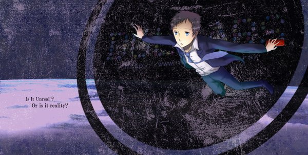 Anime picture 1280x647 with durarara!! brains base (studio) ryuugamine mikado tagme (artist) short hair blue eyes wide image spread arms flying boy necktie suit phone