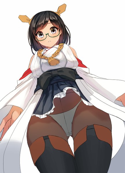 Anime picture 1000x1384 with kantai collection kirishima battleship nuclear warhead (anti) single tall image looking at viewer blush short hair light erotic black hair simple background white background traditional clothes japanese clothes from below grey eyes pantyshot nontraditional miko girl skirt