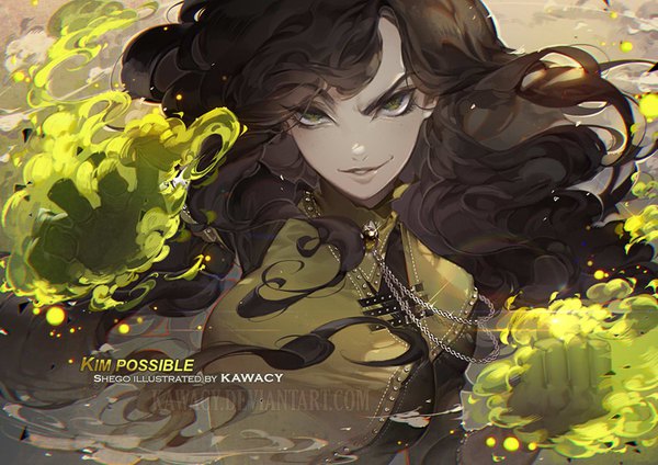 Anime picture 900x636 with kim possible shego (kim possible) kawacy single long hair looking at viewer smile brown hair green eyes signed upper body character names magic wavy hair smirk girl gloves chain jewelry gem